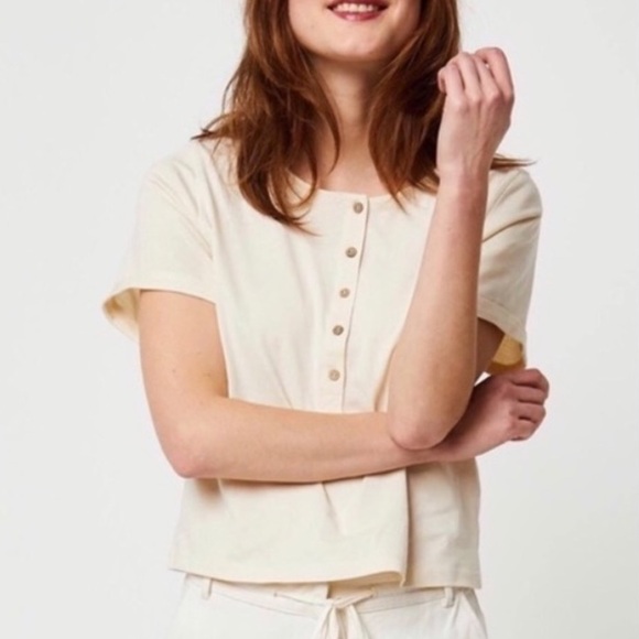 Free People What’s Up Henley Ivory Cream Short Sleeve T-shirt Small Button Front - Picture 3 of 8